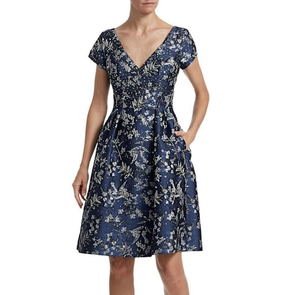 Theia Metallic Floral Jacquard A-Line Dress Knee Length Beaded Sequin Blue 2